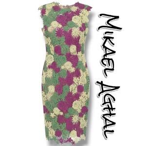 Mikael Aghal Merana 3D Floral Lace Sheath Dress Sz 4 Pink Green Yellow occasion